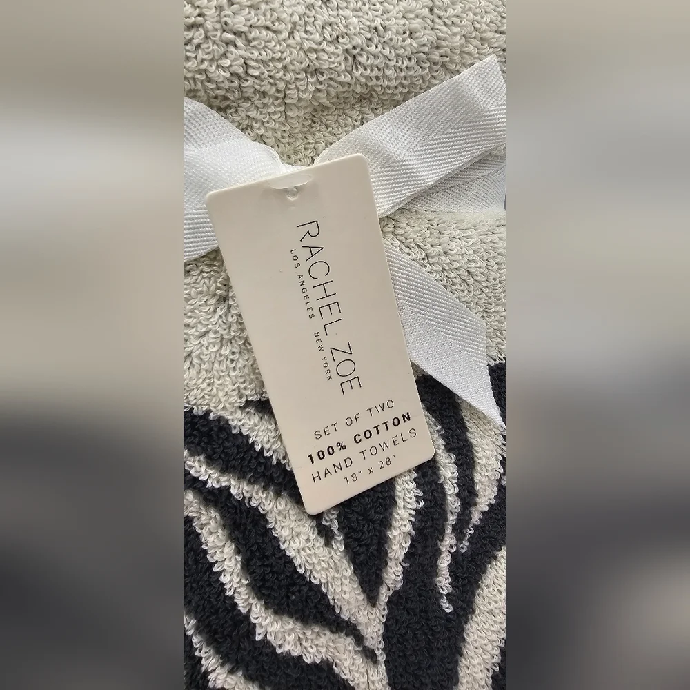Rachel Zoe 2 Piece Zebra Print White Gray 100% Cotton Hand Towel Set OEKO TEX